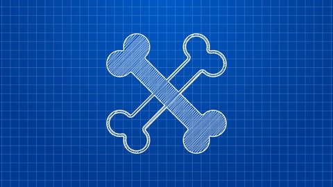 White line Crossed bones icon isolated on blue background. Pets food symbol. Happy Halloween party. 4K Video motion graphic animation.