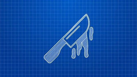 White line Bloody knife icon isolated on blue background. Cutlery symbol. Happy Halloween party. 4K Video motion graphic animation.