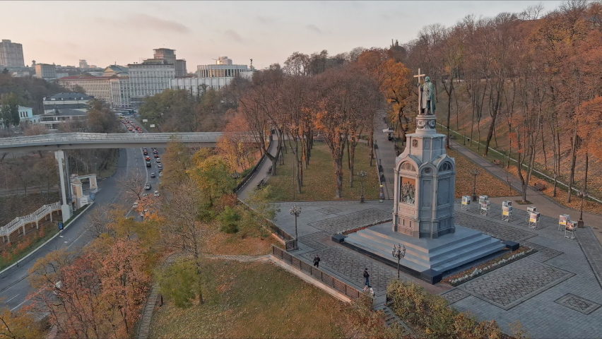 Kiev aerial view St. Vladimir the Great Monument on the hill, panorama in the morning. Saint Volodymyr descent, Kyiv, Ukraine