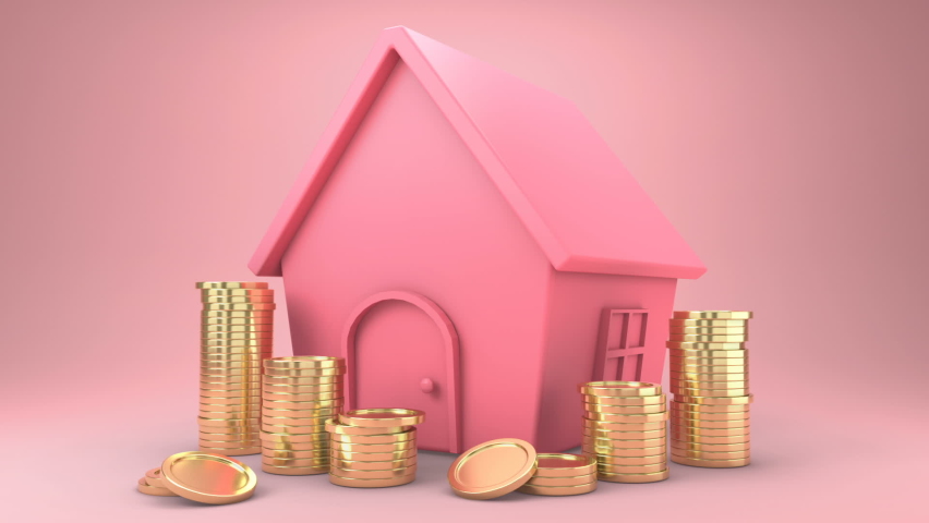 Golden coins falling into a house piggy bank. Pink house  piggy bank Get bigger when receiving coins and Gold coins appears a lot. Money saving and Property investment concept. 3d animation.
 | Shutterstock HD Video #1086416573