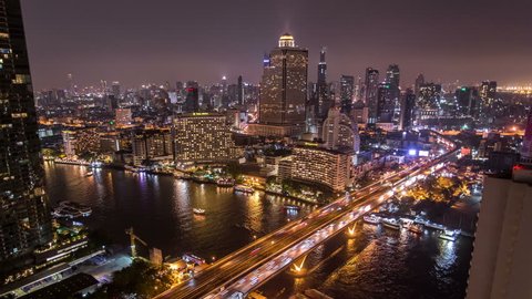 4K Timelapse Chaopraya river view, Bangkok, Thailand. Night scene.