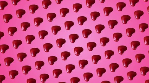 Professional motion design 4K animated pattern with many red hearts move and rotates on trending pink color gradient backgroundnd, top view. 3 in 1 different sides and size animations for 10 sec