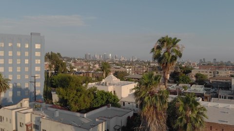 Drone view of Downtown Los Angeles from the Los Feliz, Hollywood, in late afternoon.