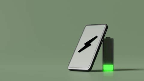 3d animation with smartphone or mobile phone charging with battery charge indicator isolated on green background. charging battery technology concept