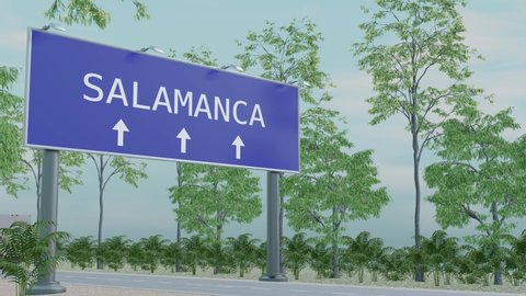 Trucking to Salamanca, Spain. Arrival in city with a city direction sign. The concept of transportation of goods, business, and transport. 3D rendering of animation.