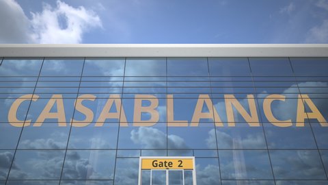CASABLANCA city name and landing airplane at airport terminal
