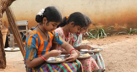 Girls Eating Lunch Village School Hyderabad India 1st Jan 2022