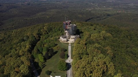 4k video. Drone shot of Monument to the Uprising at Petrova Gora