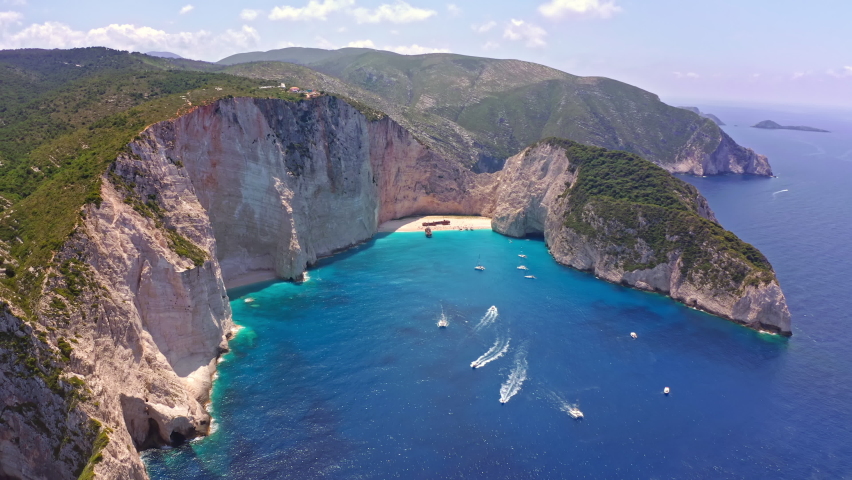 Greece ionian island Zakynthos. Navagio beach bay and cliffs aerial landscape Royalty-Free Stock Footage #1086450653