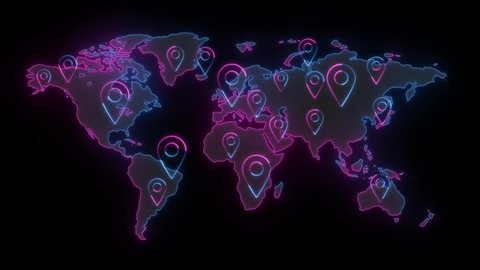 world map Show export, import network systems location mark. world map Background work with location icon for promotional films or your daily office work. world map Neon lights location signs on Earth
