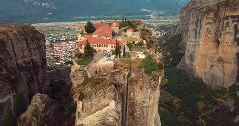 4K Aerial View Of The Mountains And Meteora Monasteries In Greece