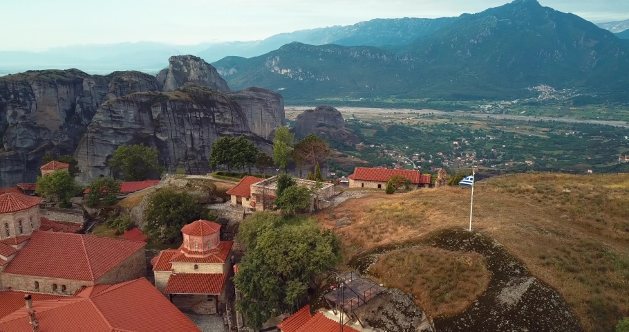 4K Aerial View Of The Mountains And Meteora Monasteries In Greece