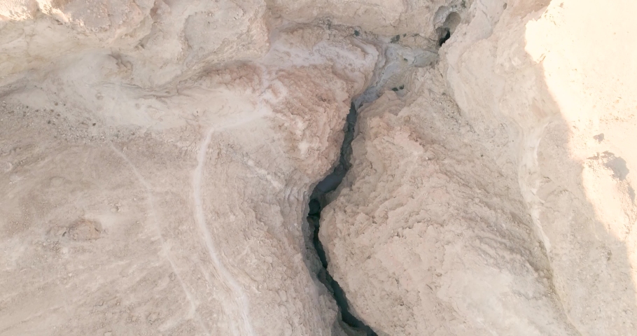 Aerial view of a canyon in the desert, Barak river, Negev, Israel.