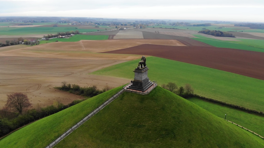 Aerial view of a memorial monument on hilltop in public park, Waterloo, Brussel, Belgium.