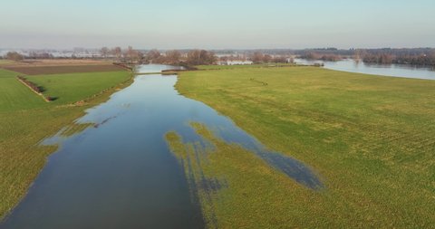 Aerial view of trees in submerged floodplains along river IJssel, Welsum, Overijssel, Netherlands