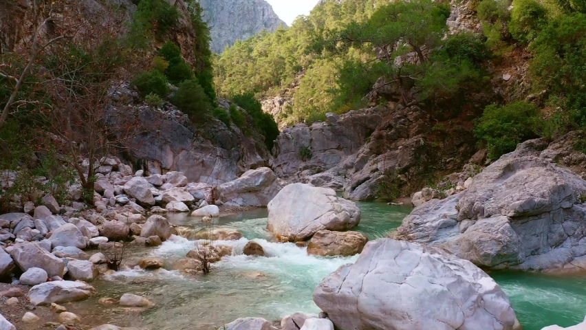 River Rapids in the Mountains, Aerial Flying, Nature, Amazing Landscape