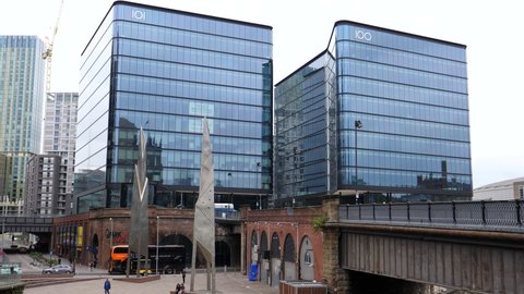 SALFORD, GREATER MANCHESTER, ENGLAND, UNITED KINGDOM - CIRCA SEPTEMBER, 2021: The Embankment. Two newly built modern office buildings in Salford city.