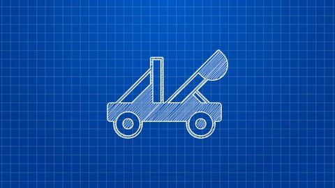 White line Old medieval wooden catapult shooting stones icon isolated on blue background. 4K Video motion graphic animation.