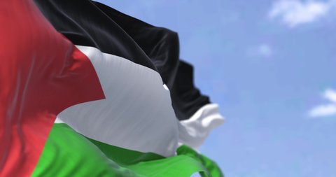 Detail of the national flag of Palestine waving in the wind on a clear day. Democracy and politics. Patriotism. Selective focus. Seamless Slow motion