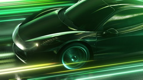 Sports car going on the road with lights trails. hyperspeed auto and traffic concept action. 3d animation