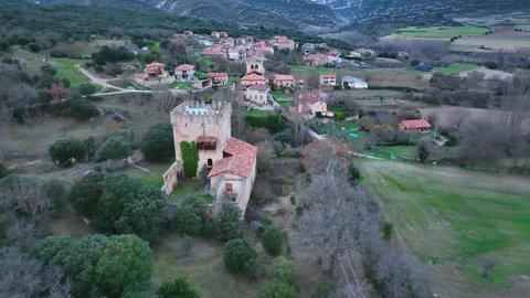 Aerial view from a drone of the Torre de Loja in the town of Quintana de Valdivielso. Valdivielso Valley. The Meringues. Burgos, Castilla y Leon, Spain, Europe