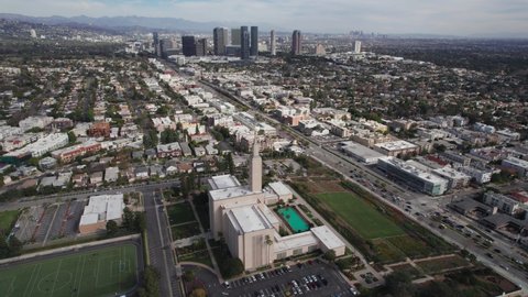 Aerial view of Los Angeles California Temple Mormon Church of Jesus Christ of Latter-day Saints  with view on Downtown Beverly Hills