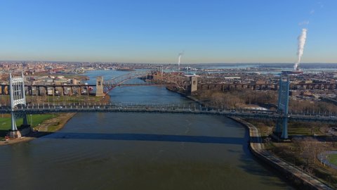 This video shows views of the Robert F Kennedy (RFK) bridge  from Astoria Park, Queens.  The RFK bridge - better known as the Triborough Bridge connects Queens and The Bronx, NY. 