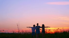 A beautiful sunset in the meadow, teenage children with their mother play games in the meadow of the backyard, have fun together. Happy family concept