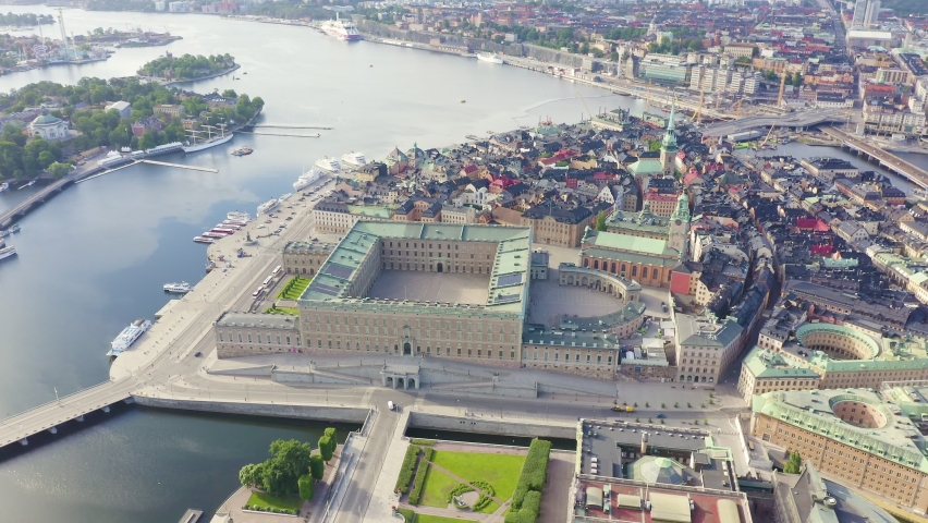 Inscription on video. Stockholm, Sweden. Panoramic view of the central part of the city. Aerial view. Lightning strikes the letters, Aerial View, Point of interest