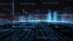 Abstract hologram 3D smart city. Digital buildings with binary code particles. Technology and connection concept. 4k 60fps - Powered by Shutterstock - Get 15% off with code: PIKWIZARD15