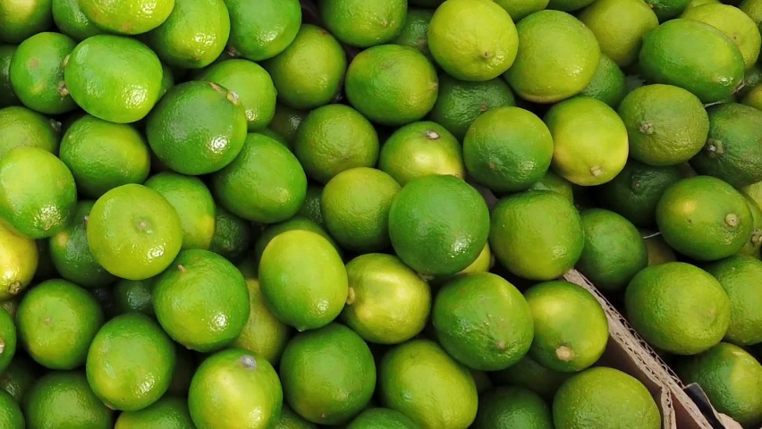 Close up of Persian limes on display on a market stall.  Slow motion. Royalty-Free Stock Footage #1086490418
