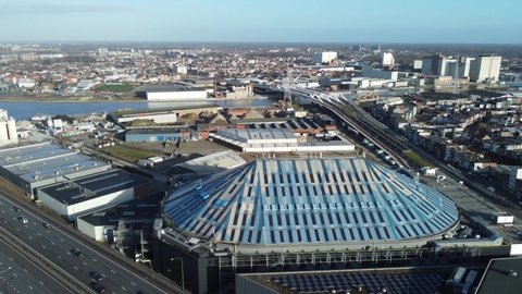 Merksem, Antwerp 2 February 2022 : Roof of Lotto arena called sportpaleis by A12 motorway in Antwerp. Drone aerial view