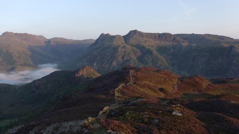 Aerial drone footage showing beautiful morning light on Heather filled fells with clear blue sky on a Summer morning in the Lake District, UK.