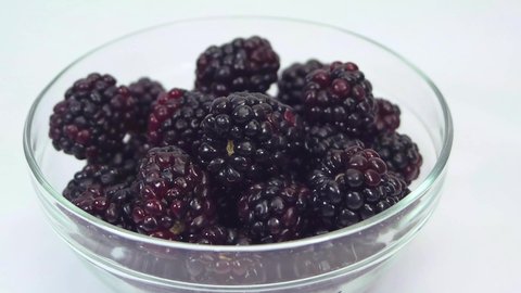  Blackberries In Translucent Bowl Isolated On White Background. Clip of delicious blackberries in small bowl, ideal for your nutrition projects or food topics in your movies, videos and vlogs.