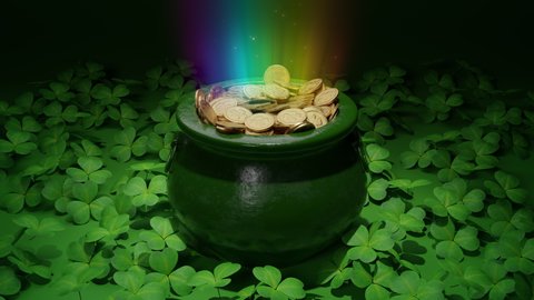 Saint Patrick’s day greeting animation. Pot full of golden coins dynamic rotation, dark background, shamrock leaves. Traditional Irish symbol of success, luck. Leprechaun’s gold. 3D Render. 4K clip