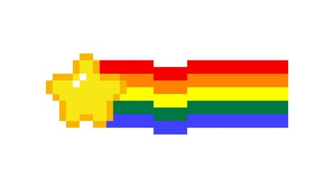 Animated pixel star with rainbow on white screen background.