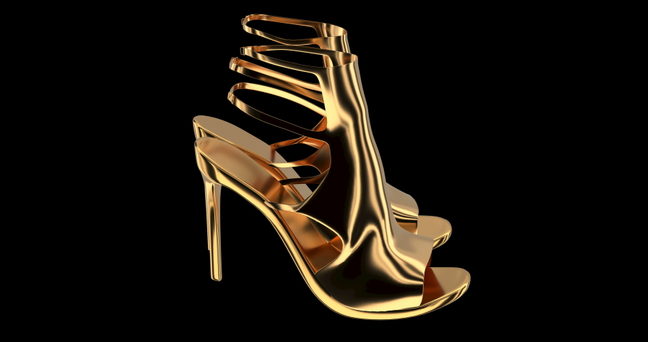 Golden high heels semi-closed-toe with open heel and closed instep. Heel is tall where the foot being significantly higher off the ground than the wearer