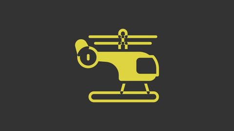 Yellow Helicopter aircraft vehicle icon isolated on grey background. 4K Video motion graphic animation.