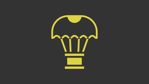 Yellow Box flying on parachute icon isolated on grey background. Parcel with parachute for shipping. Delivery service, air shipping. 4K Video motion graphic animation.