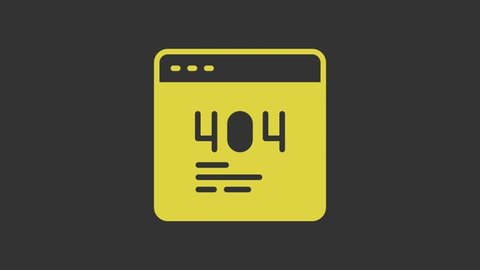 Yellow Page with a 404 error icon isolated on grey background. Template reports that the page is not found. 4K Video motion graphic animation.