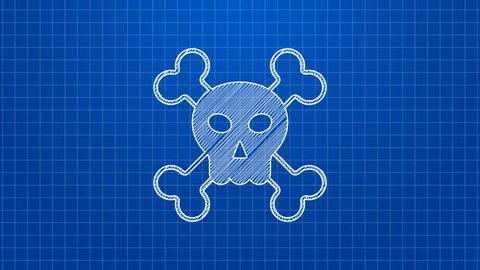 White line Skull on crossbones icon isolated on blue background. Happy Halloween party. 4K Video motion graphic animation.