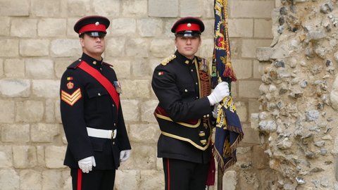 Norwich, Norfolk, United Kingdom. September 25, 2016. Officers and men of 1st Battalion, Royal Anglian Regiment prepare to 'Lay Up' Colours at the Royal Norfolk Regiment Chapel, Norwich Cathedral.