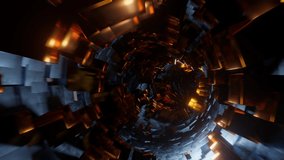 Camera movement in abstract tunnels with cubes. Movement of orange cubes with a tempo of 120 bpm.