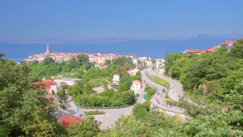 Marvelous view of the city of Vrbnik on a sunny day. Location place Krk island, Primorsko-Goranska Zupanija, Croatia, Europe. Cinematic shot. Filmed in UHD 4k video. Discover the beauty of earth.