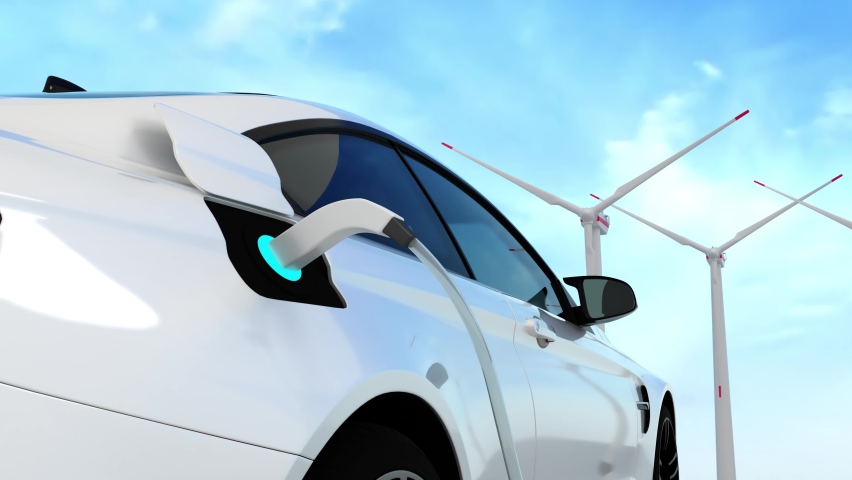 Car charging on the background of a windmills. Charging electric car. Electric car charging on wind turbines background. Vehicles using renewable energy. 4K Ultra Hd. Royalty-Free Stock Footage #1086515831