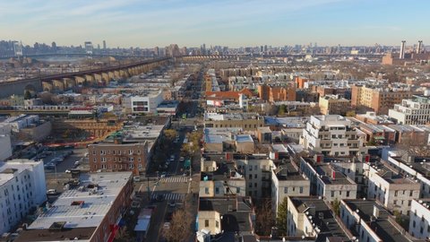 Queens, NY - United States - January 4, 2022: Aerial Shot of Astoria Neighborhood in Queens, NY. 