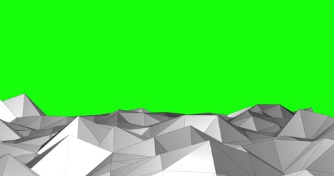 Polygonal landscape with green screen background chroma key. Low poly with green screen as digital landscape simulation. Wireframe and faceted terrain as 80's videogame background.