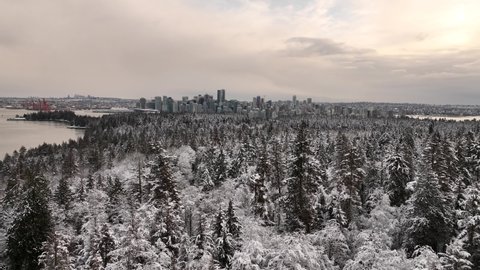 Vancouver, British Columbia, Canada - Aerial view of Stanley Park and Vancouver Skyline on a snowy winter day in 4K