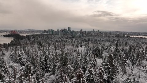 Vancouver, British Columbia, Canada - Aerial view of Stanley Park and Vancouver Skyline on a snowy winter day in 4K