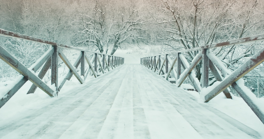 Winter, wooden pedestrian bridge in park in nature. Winter landscape, there is lot of snow around, there are trees without leaves. Camera moves smoothly. Active lifestyle, outdoor walk and travel